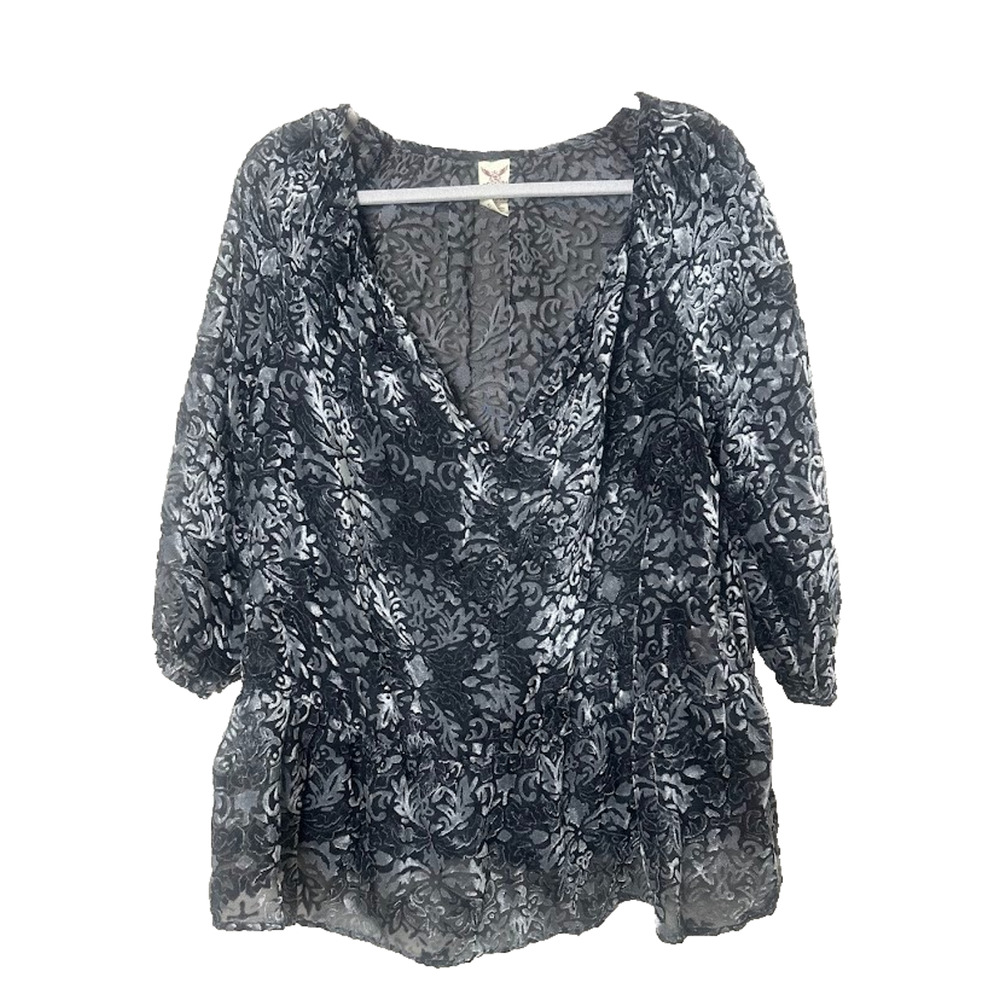 Vtg Faded Glory Size L Velvet Burnout Sheer Top Grey Floral Whimsigoth Fairy